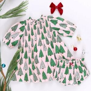 Pink Chicken Pink and Green Christmas Tree Print Dress with Bloomers